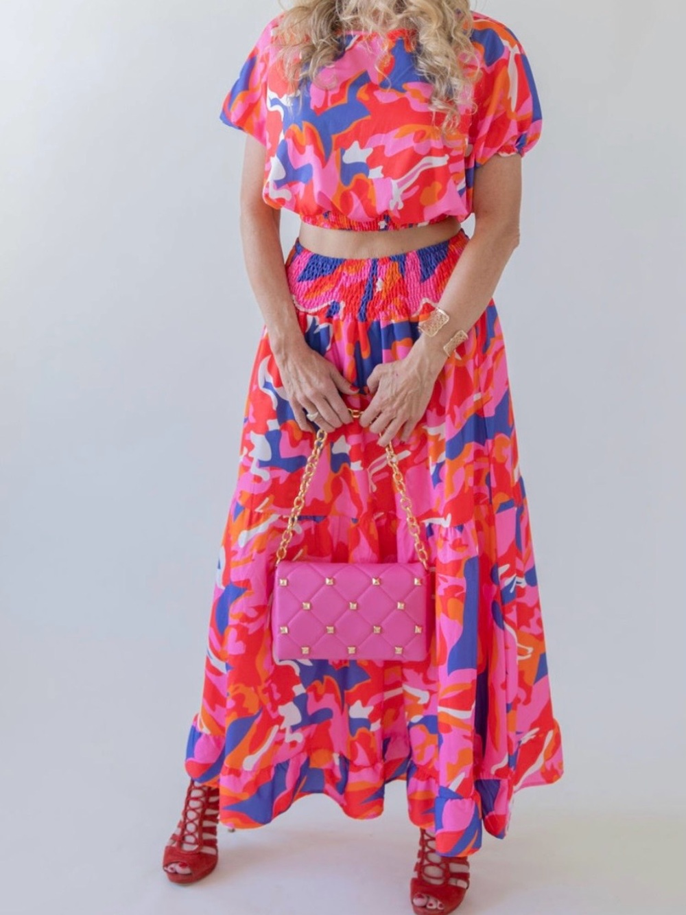 2-Piece Tropical Resort Set | Pink Maxi Skirt & Crop Top | Size Small